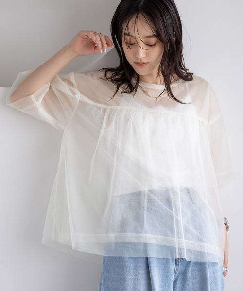 RAGEBLUE（レイジブルー）の「ギャザーレイヤードシアートップス（Tシャツ/カットソー・レディース・ホワイト/ブラック・FREE）」の9枚目の写真
