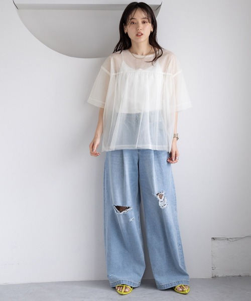 RAGEBLUE（レイジブルー）の「ギャザーレイヤードシアートップス（Tシャツ/カットソー・レディース・ホワイト/ブラック・FREE）」の3枚目の写真