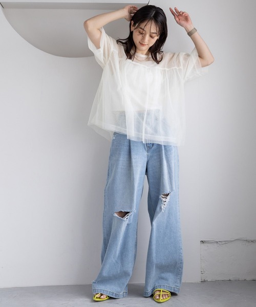 RAGEBLUE（レイジブルー）の「ギャザーレイヤードシアートップス（Tシャツ/カットソー・レディース・ホワイト/ブラック・FREE）」の5枚目の写真