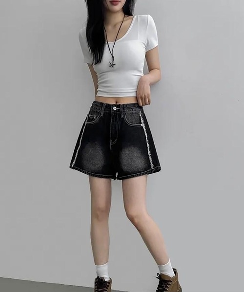 セール】サイドフリンジオーバーダイデニムショートパンツ（デニム