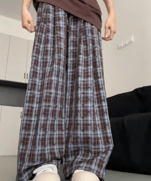 ELFSACK パンツ ズボン ボトムス チェック柄 レース リボン チェックパンツ パンツ レディース ボトムス ロング 送料無料
