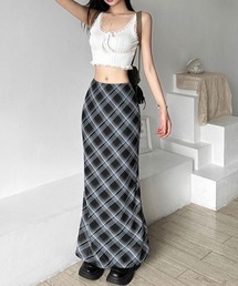 チェック柄シフォンロングスカート