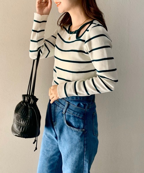 SHEPP(シープ)の「ボーダー肩あき 長袖トップス(スウェット・レディース・ベージュ/ワイン/グリーン/ライトグリーン/ホワイト・F)」の19枚目の写真