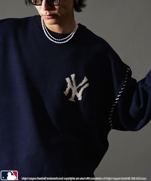 MLB（メジャーリーグベースボール）の「MLB/メジャーリーグベースボール 別注 ワンポイントロゴハンドステッチニット(限定展開)（ニット/セーター・メンズ・ネイビー/ブラック系その他/ブラック系その他2/アイボリー・SMALL/MEDIUM/LARGE）」の5枚目の写真