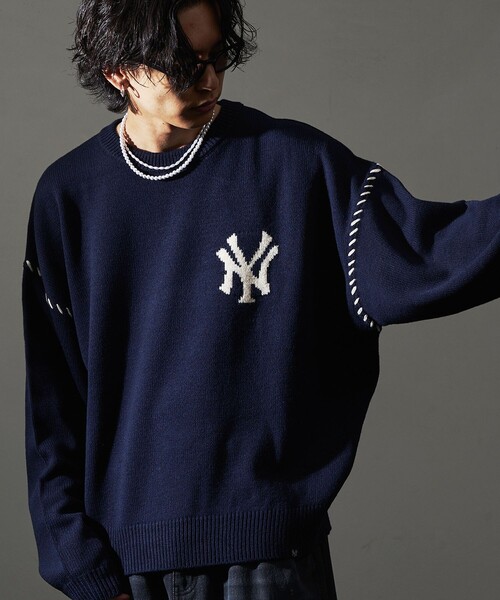 MLB（メジャーリーグベースボール）の「MLB/メジャーリーグベースボール 別注 ワンポイントロゴハンドステッチニット(限定展開)（ニット/セーター・メンズ・ネイビー/ブラック系その他/ブラック系その他2/アイボリー・SMALL/MEDIUM/LARGE）」の6枚目の写真