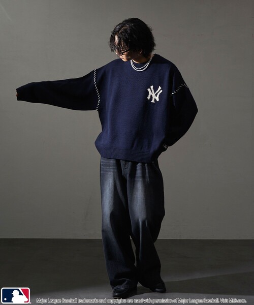 MLB（メジャーリーグベースボール）の「MLB/メジャーリーグベースボール 別注 ワンポイントロゴハンドステッチニット(限定展開)（ニット/セーター・メンズ・ネイビー/ブラック系その他/ブラック系その他2/アイボリー・SMALL/MEDIUM/LARGE）」の11枚目の写真