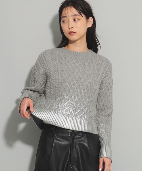 箔プリント ケーブル クルーネック ニット　Ray BEAMS Ray BEAMS（レイ ビームス）箔プリント ケーブル クルーネック