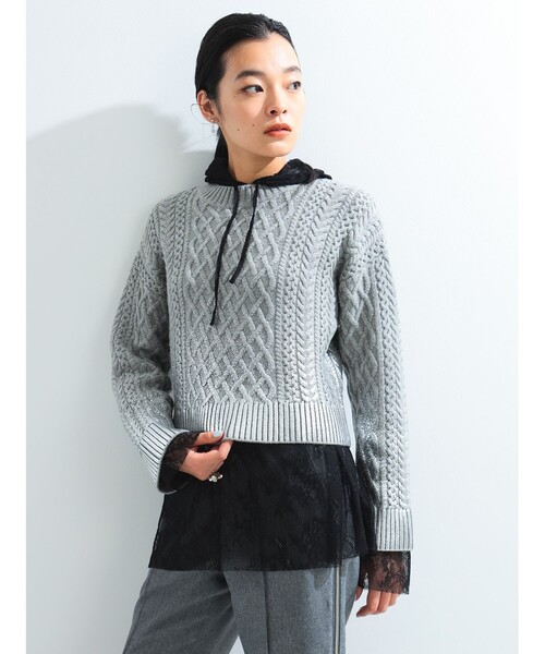 箔プリント ケーブル クルーネック ニット　Ray BEAMS Ray BEAMS（レイ ビームス）箔プリント ケーブル クルーネック