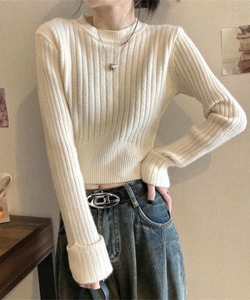 LADY LIKE（レディライク）の「袖口ダブルクロップド丈ニット（ニット/セーター・レディース・ベージュ/レッド/ブラック/アイボリー/グレー・M）」の12枚目の写真