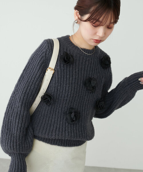 セール】オーガンジーフラワー畦ニット（ニット/セーター