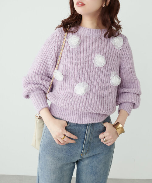 natural couture(ナチュラルクチュール)の「オーガンジーフラワー畦ニット(ニット/セーター・レディース・ラベンダー/ライトベージュ/ブラック/グレー/チャコールグレー・FREE)」の13枚目の写真