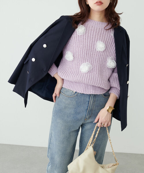 natural couture(ナチュラルクチュール)の「オーガンジーフラワー畦ニット(ニット/セーター・レディース・ラベンダー/ライトベージュ/ブラック/グレー/チャコールグレー・FREE)」の17枚目の写真