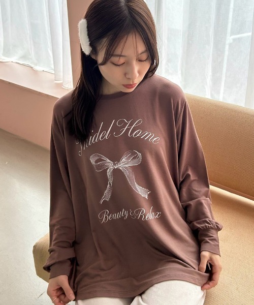 SNIDEL HOME(スナイデルホーム)の「リボンモチーフロンT(ルームウェア/パジャマ・レディース・ネイビー/モカ/アイボリー・FREE)」の4枚目の写真