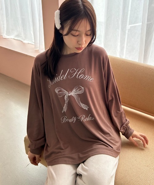 SNIDEL HOME(スナイデルホーム)の「リボンモチーフロンT(ルームウェア/パジャマ・レディース・ネイビー/モカ/アイボリー・FREE)」の5枚目の写真