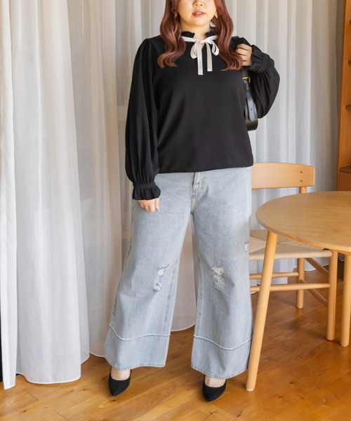 CLETTE(クレット)の「リボンタイフリルブラウス(シャツ/ブラウス・レディース・モカ/アイボリー/ブラック・LL/3L/4L)」の12枚目の写真