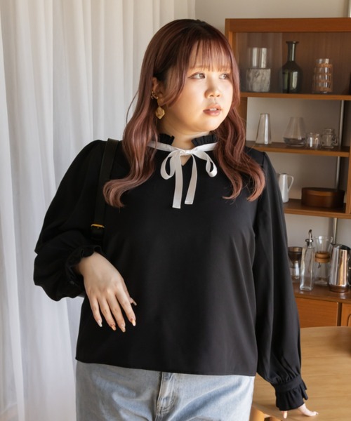 CLETTE(クレット)の「リボンタイフリルブラウス(シャツ/ブラウス・レディース・モカ/アイボリー/ブラック・LL/3L/4L)」の9枚目の写真