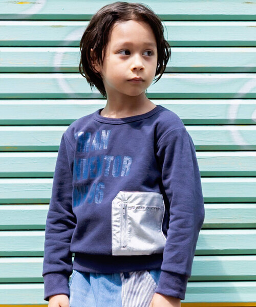 【セール】シルバー合皮ポケットロゴ裏起毛トレーナー(100~160cm)（スウェット）｜WASK（ワスク）