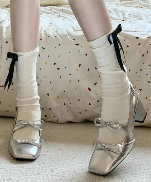 セール】ダブルリボンバックストラップヒールパンプス（パンプス