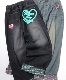 Roll Up Denim Wide Pants/ロールアップ ゴースト ハート プリント ワイドデニムパンツ バギーパンツ