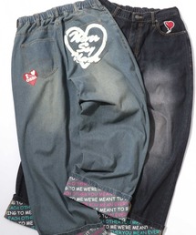 Roll Up Denim Wide Pants/ロールアップ ゴースト ハート プリント ワイドデニムパンツ バギーパンツ