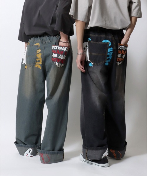 SITRY（シトリー）の「Roll Up Denim Wide Pants/ロールアップ ゴースト ハート プリント ワイドデニムパンツ バギーパンツ（デニムパンツ・メンズ・ブルー系その他/ブラック/ブルー/ブラック系その他・M/L）」の6枚目の写真