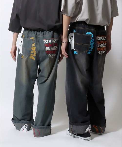 SITRY（シトリー）の「Roll Up Denim Wide Pants/ロールアップ ゴースト ハート プリント ワイドデニムパンツ バギーパンツ（デニムパンツ・メンズ・ブルー系その他/ブラック/ブルー/ブラック系その他・M/L）」の5枚目の写真
