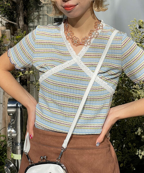 HELLO.SANFRANCISCO(ハローサンフランシスコ)の「【HELLO.SANFRANCISCO/ハローサンフランシスコ】マルチボーダーレースフリルトップス(Tシャツ/カットソー・レディース・ブルー/レッド・ONE SIZE)」の16枚目の写真