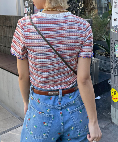 HELLO.SANFRANCISCO(ハローサンフランシスコ)の「【HELLO.SANFRANCISCO/ハローサンフランシスコ】マルチボーダーレースフリルトップス(Tシャツ/カットソー・レディース・ブルー/レッド・ONE SIZE)」の5枚目の写真
