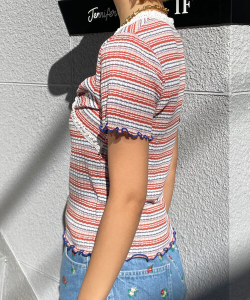 HELLO.SANFRANCISCO(ハローサンフランシスコ)の「【HELLO.SANFRANCISCO/ハローサンフランシスコ】マルチボーダーレースフリルトップス(Tシャツ/カットソー・レディース・ブルー/レッド・ONE SIZE)」の9枚目の写真