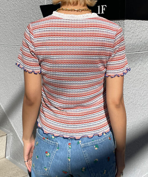 HELLO.SANFRANCISCO(ハローサンフランシスコ)の「【HELLO.SANFRANCISCO/ハローサンフランシスコ】マルチボーダーレースフリルトップス(Tシャツ/カットソー・レディース・ブルー/レッド・ONE SIZE)」の10枚目の写真