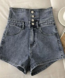 バックレースアップ　ハイウエストデニムショートパンツ