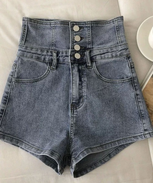 セール】バックレースアップ ハイウエストデニムショートパンツ
