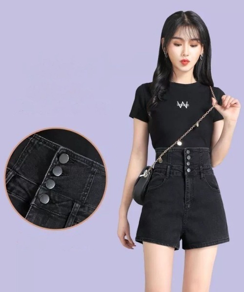 セール】バックレースアップ ハイウエストデニムショートパンツ