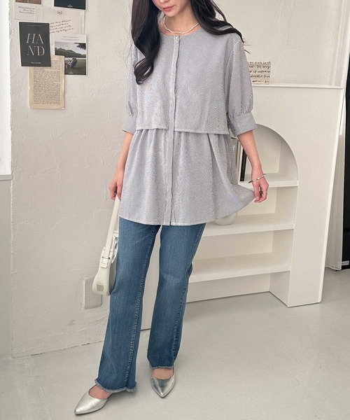 GeeRA（ジーラ）の「羽織にもなる！半袖ペプラムシャツチュニック（シャツ/ブラウス・レディース・オフホワイト/ブルー/ブラック系その他/ブラック・XX-LARGE/LARGE/X-LARGE/MEDIUM）」の5枚目の写真