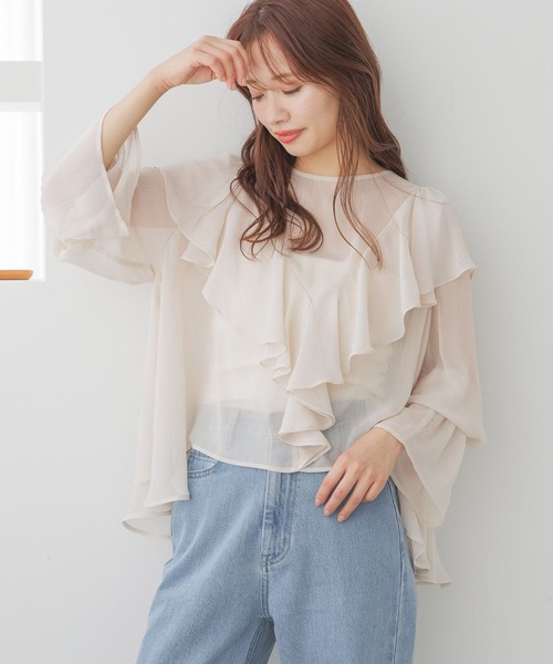 mysty woman（ミスティウーマン）の「【MiO企画】楊柳フリルブラウス2 329022（シャツ/ブラウス・レディース・オフホワイト/ブルー/ブラック/ライトピンク・FREE）」の12枚目の写真