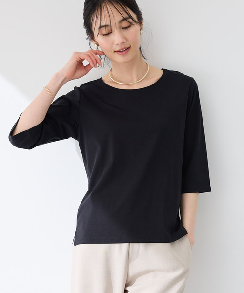 A/C DESIGN BY ALPHA CUBIC（エーシーデザインバイアルファキュービック）の「【接触冷感・UVカット】スムースカットソーTシャツ（Tシャツ/カットソー・レディース・サックスブルー/ブラック/ライトグレー/オフホワイト・M/LL/L）」の5枚目の写真