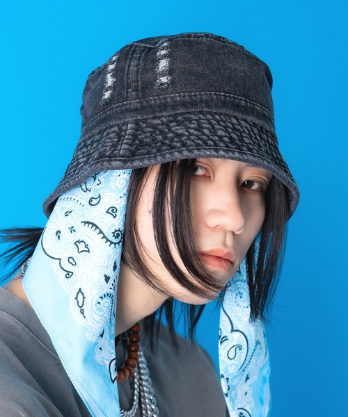 ネイビーお帽子 DECHO デコー ハット 帽子 デニム BUCKET HAT - WASH バケット