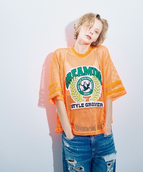 RNA(アールエヌエー)の「M2477 アップリケメッシュオーバーT(Tシャツ/カットソー・レディース・オレンジ/ホワイト/ブラック・MEDIUM)」の3枚目の写真