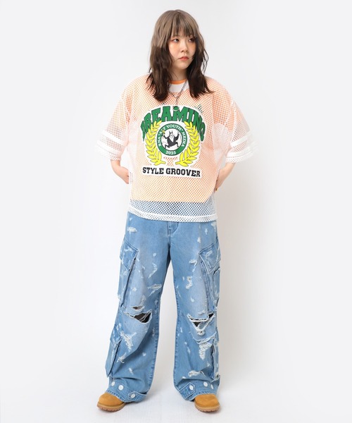 RNA(アールエヌエー)の「M2477 アップリケメッシュオーバーT(Tシャツ/カットソー・レディース・オレンジ/ホワイト/ブラック・MEDIUM)」の12枚目の写真