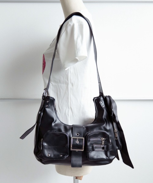 セール】サテンリボン付き ベルト デザイン マルチポケット スタッズ