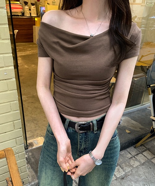 Lace Ladies（レースレディース）の「ドレープ 半袖 リブ オフショルダー Tシャツ（Tシャツ/カットソー・レディース・ホワイト/ブラック/ブラウン/ピンク/アイボリー・FREE）」の22枚目の写真