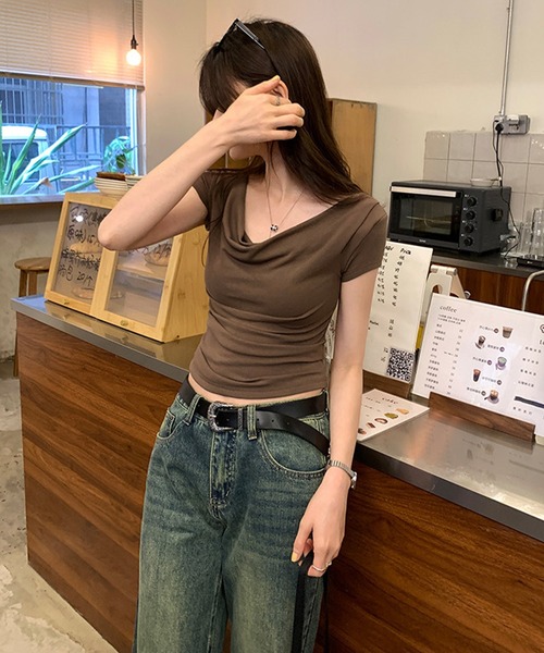 Lace Ladies（レースレディース）の「ドレープ 半袖 リブ オフショルダー Tシャツ（Tシャツ/カットソー・レディース・ホワイト/ブラック/ブラウン/ピンク/アイボリー・FREE）」の21枚目の写真