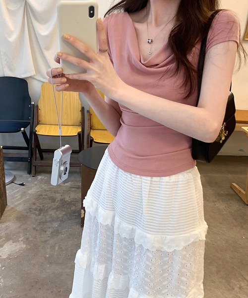 Lace Ladies（レースレディース）の「ドレープ 半袖 リブ オフショルダー Tシャツ（Tシャツ/カットソー・レディース・ホワイト/ブラック/ブラウン/ピンク/アイボリー・FREE）」の19枚目の写真