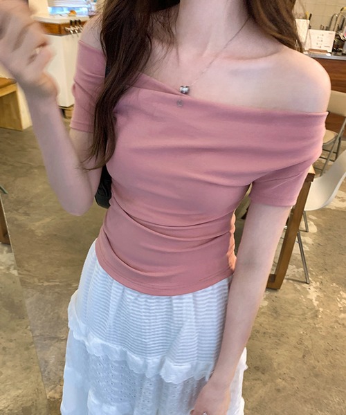 Lace Ladies（レースレディース）の「ドレープ 半袖 リブ オフショルダー Tシャツ（Tシャツ/カットソー・レディース・ホワイト/ブラック/ブラウン/ピンク/アイボリー・FREE）」の18枚目の写真