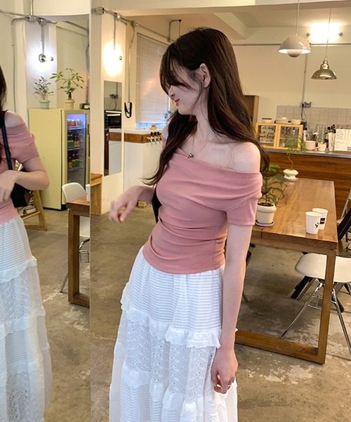 Lace Ladies（レースレディース）の「ドレープ 半袖 リブ オフショルダー Tシャツ（Tシャツ/カットソー・レディース・ホワイト/ブラック/ブラウン/ピンク/アイボリー・FREE）」の16枚目の写真