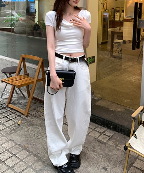 Lace Ladies（レースレディース）の「ドレープ 半袖 リブ オフショルダー Tシャツ（Tシャツ/カットソー・レディース・ホワイト/ブラック/ブラウン/ピンク/アイボリー・FREE）」の9枚目の写真