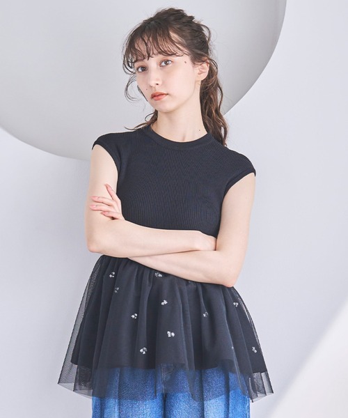 ニット セーター 2025春夏新作 チュールレイヤードビジューペプラムニット レディース セール】2025春夏新作 チュールレイヤードビジューペプラム