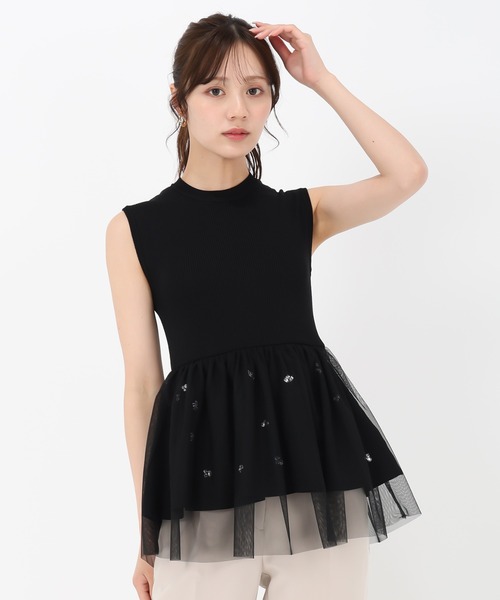 ニット セーター 2025春夏新作 チュールレイヤードビジューペプラムニット レディース セール】2025春夏新作 チュールレイヤードビジューペプラム
