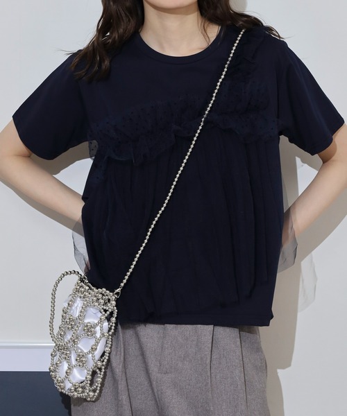 tシャツ Anna Nicola チュールフリルドッキング半袖カットソー レディース セール】Anna Nicola チュールフリルドッキング半袖カットソー