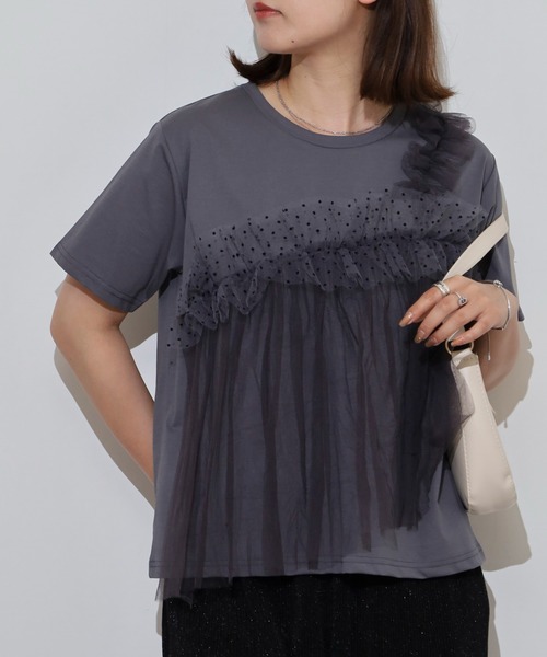 tシャツ Anna Nicola チュールフリルドッキング半袖カットソー レディース セール】Anna Nicola チュールフリルドッキング半袖カットソー